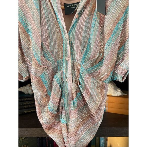 NWT Le Superb Mini Miko Dress Aqua Rainbow Sequin Size 0 $495 MSRP - Picture 11 of 14